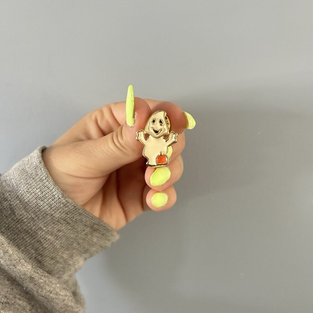 Halloween White Ghost Pin With Pumpkin Lapel Enamel Collectible Vintage Retro